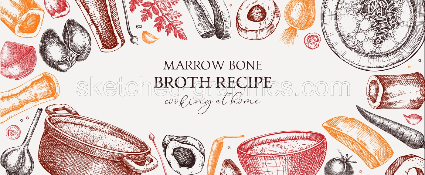 Healthy food background in color. Marrow bone broth frame. Hot soup on plates, pans, bowls, organ meat, vegetables, marrow bones sketches. Hand drawn vector illustrations. Homemade food ingredient Illustration